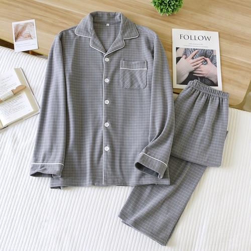 无印风格子情侣德绒睡衣男女秋冬季磨毛绒布长袖开衫家居服套装女绿格